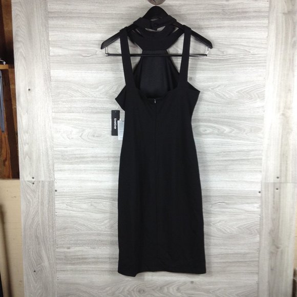 bebe mock neck strappy crepe dress